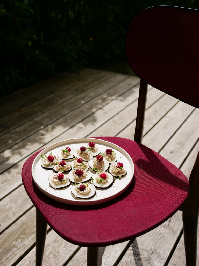 Assiette de radis noir thon framboise posée sur une chaise